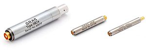 Figure 3. Left: ½” CCP preamp with BNC connector. Middle: ¼” CCP preamp with Microdot 10/32 connector. Right: ¼” CCP preamp with SMB connector.